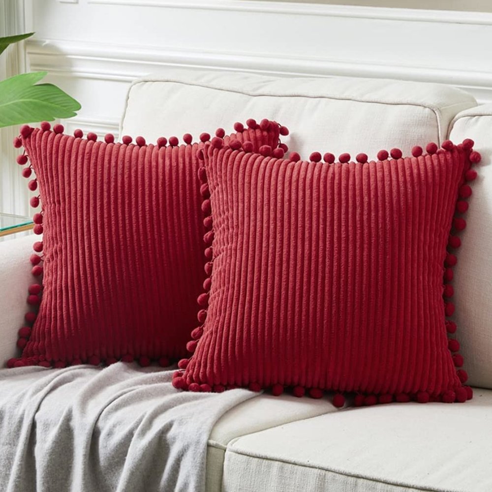 Burgundy Corduroy Luxury Farmhouse Velvet Pompom Cute Throw Pillow Cover/CaseSet